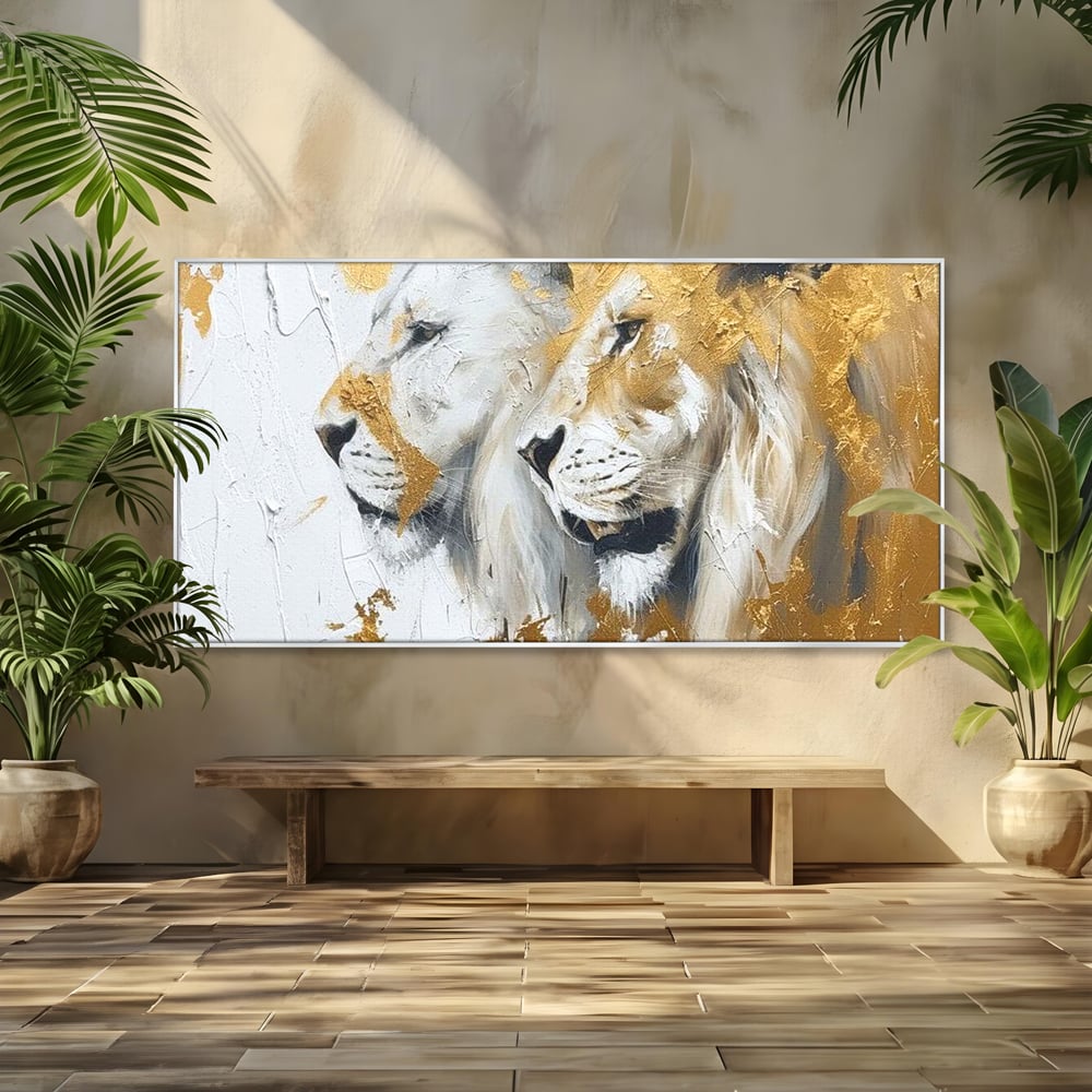 Tablou canvas cu tablou canvas cu doi lei si accente aurii, in rama de aluminiu argintiu